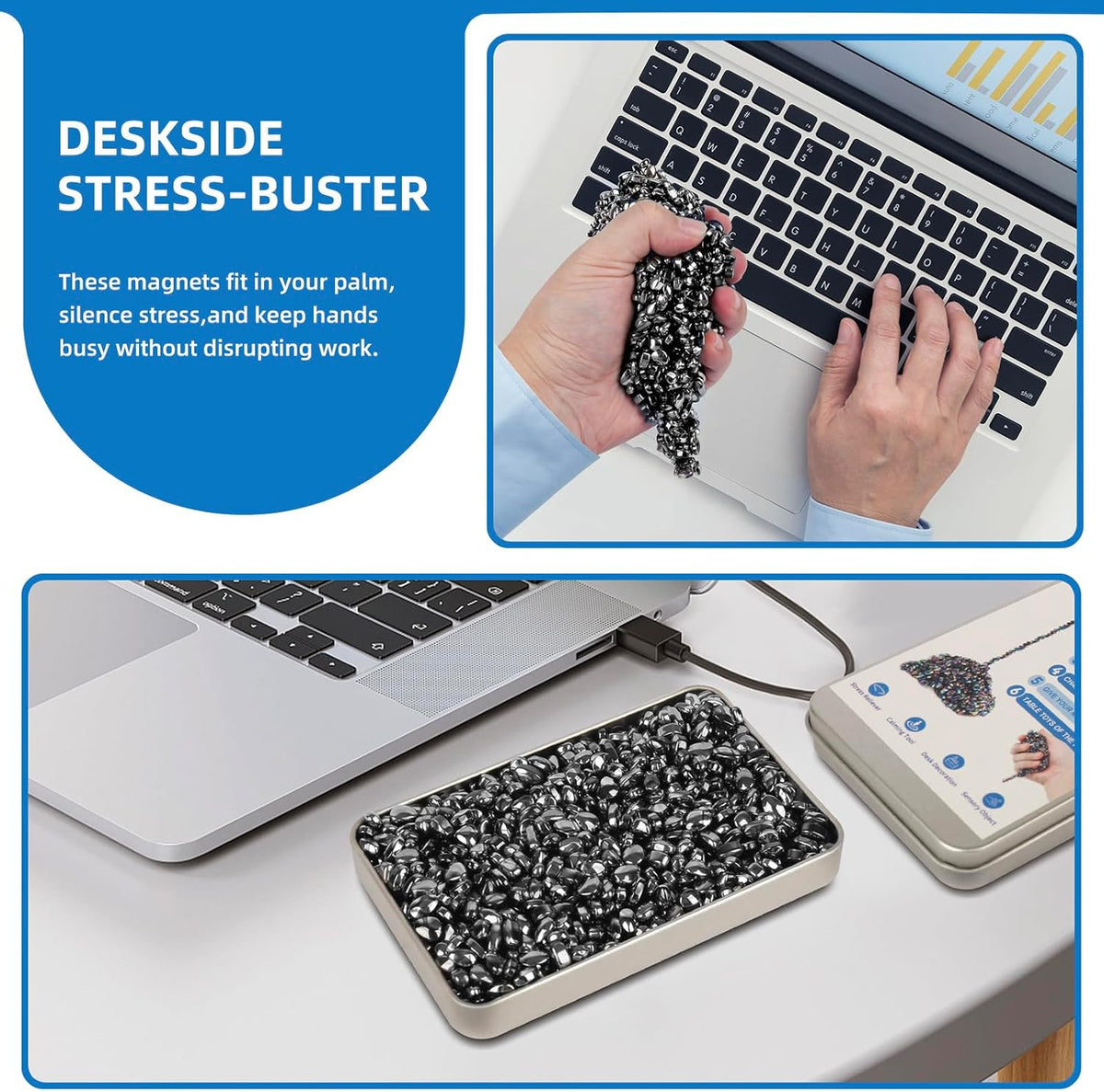Magnetic stones in their tin next to a laptop