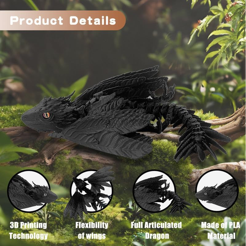 Feathered Wyvern Dragon,3D Printed Dragon, Articulated Dragon with Wings, 3D Printed Toys, Desktop Pet - Perfect for Fantasy Enthusiasts (Black)