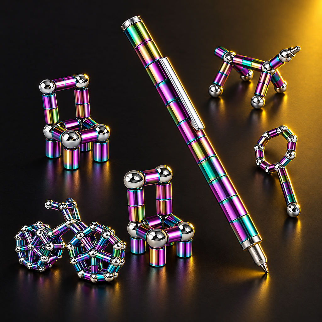 Iridescent magnetic fidget pen with its detachable pieces built into shapes