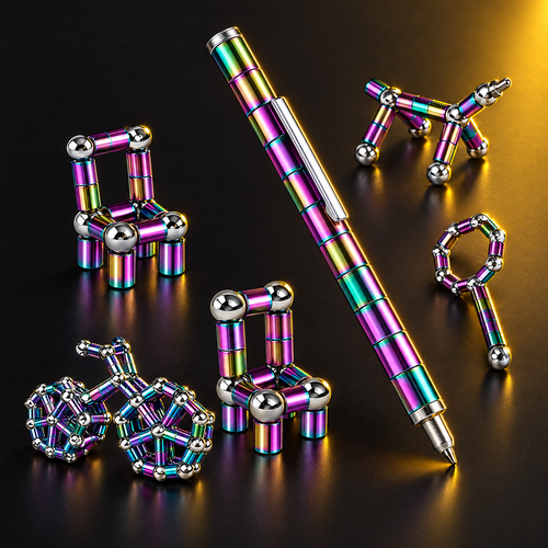 Iridescent magnetic fidget pen with its detachable pieces built into shapes