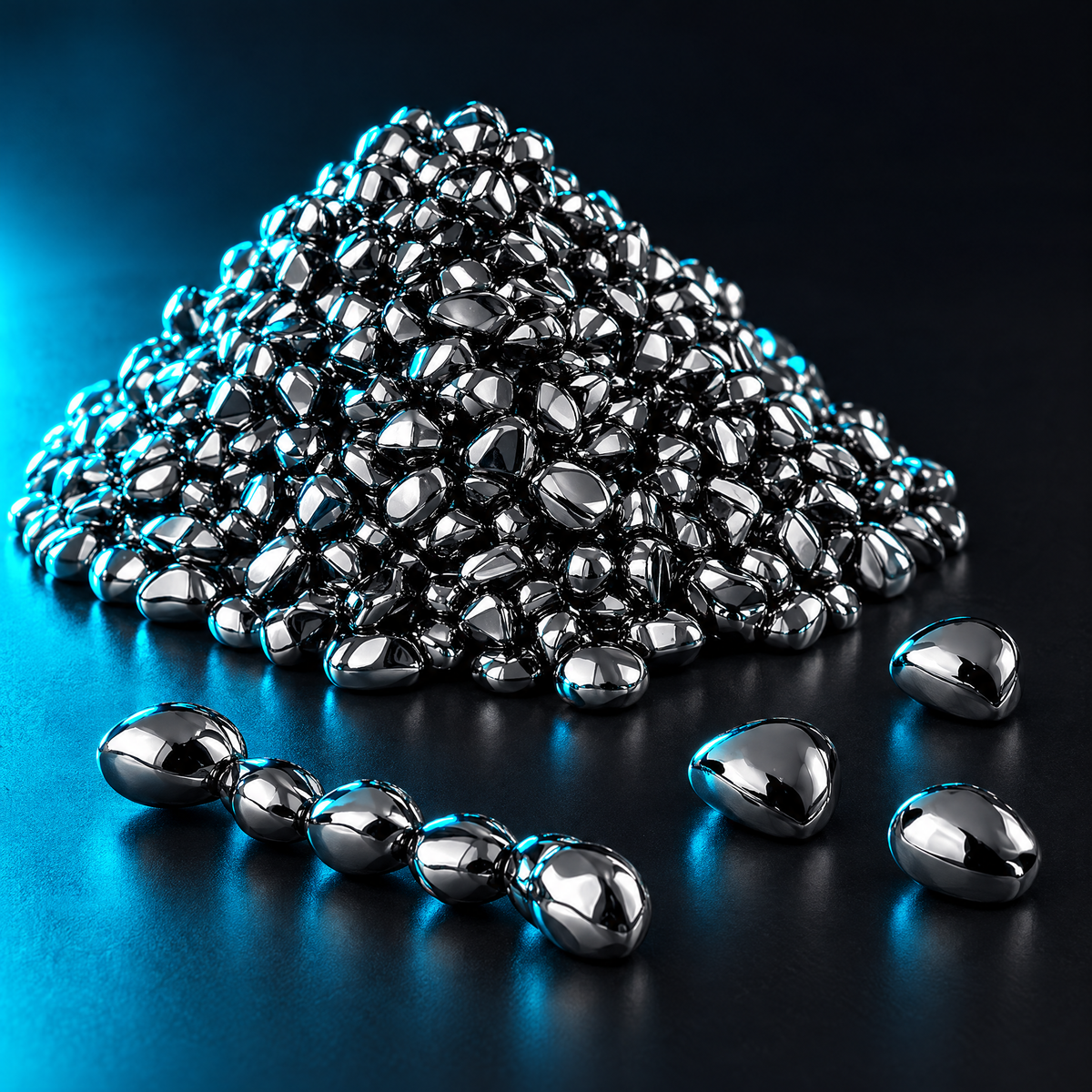 Pile of glossy black-silver sensory stones, a few linked in a chain