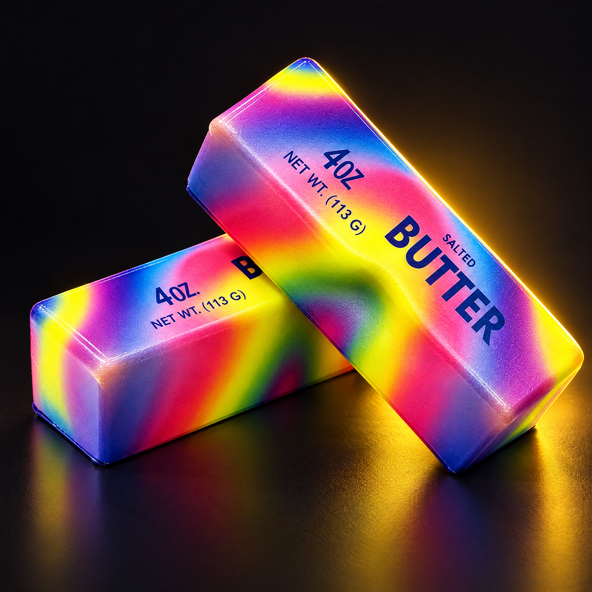 Two rainbow butter-stick squishy toys
