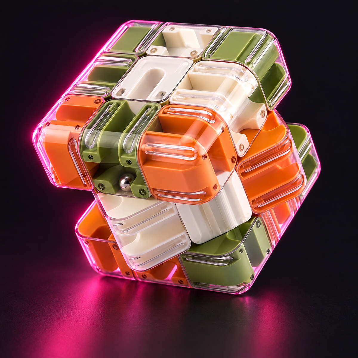 Transparent 3D maze ball puzzle with orange, green and white maze pieces