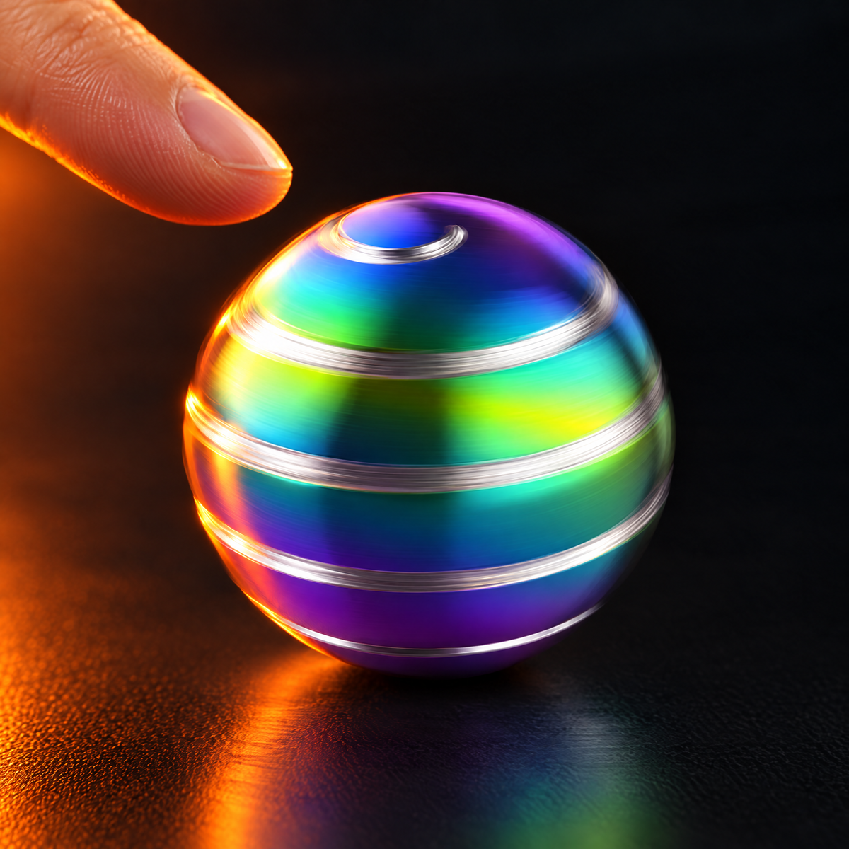 Fingertip about to flick the rainbow kinetic desk spinner