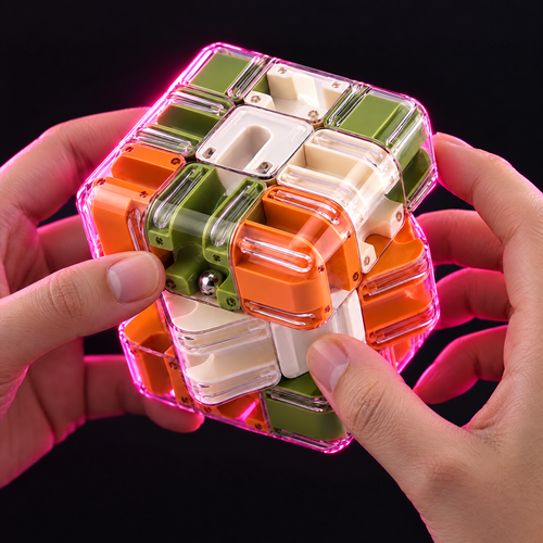 Hands tilting the 3D maze puzzle to guide the ball