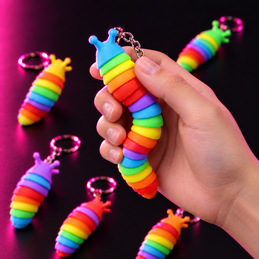 Hand holding a rainbow fidget slug keychain mid-wiggle