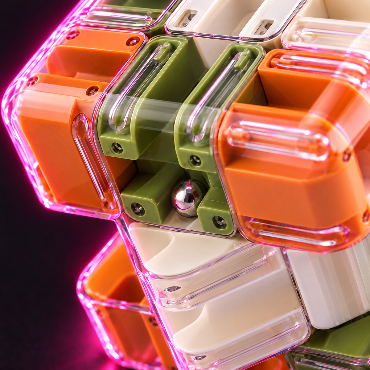 Close-up of the metal ball inside the 3D maze puzzle