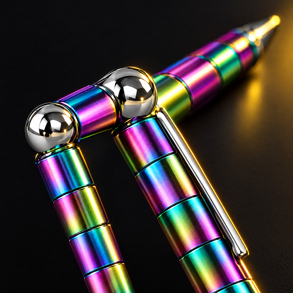 Close-up of the iridescent magnetic pen segments and steel balls