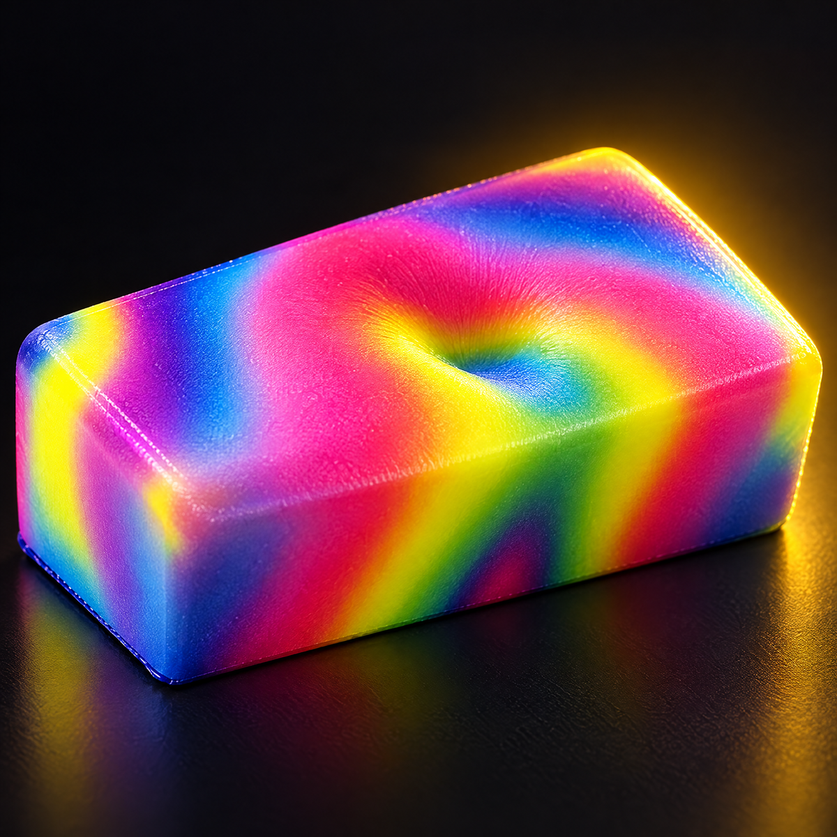 Close-up of a rainbow butter squishy slowly rising after a squeeze