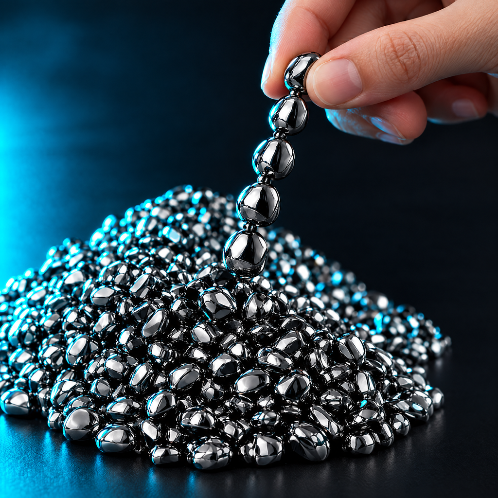 Fingers lifting a chain of magnetic stones from the pile
