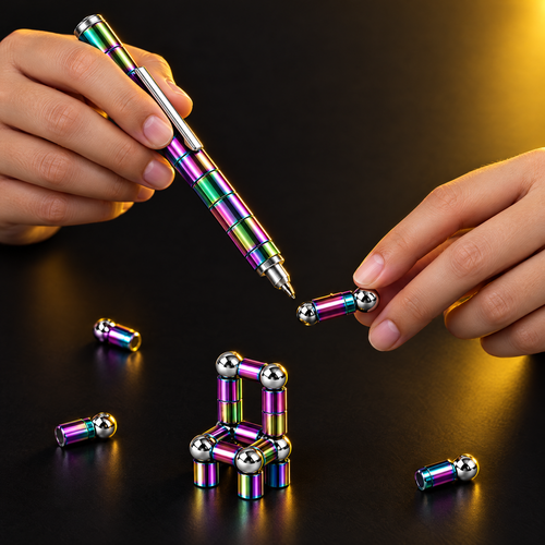 Hands taking the magnetic fidget pen apart and building a small chair