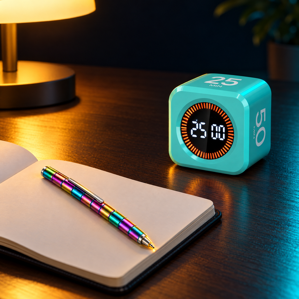 Mint Flip Focus Timer on a desk next to a notebook and the Color Fidget Pen