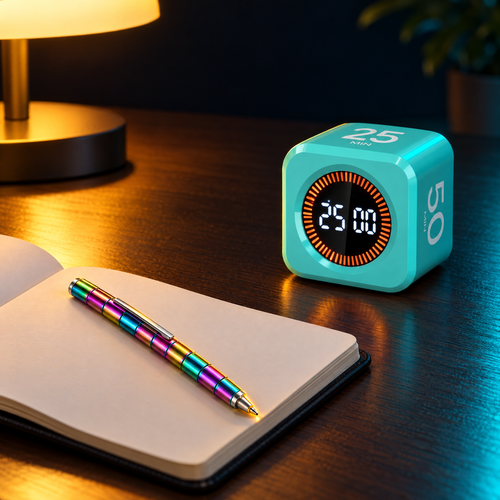 Mint Flip Focus Timer on a desk next to a notebook and the Color Fidget Pen