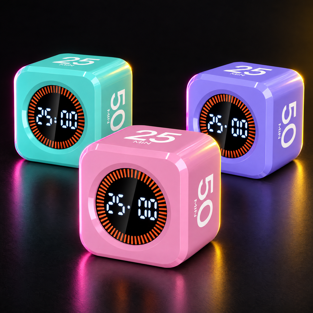 Pink, mint and purple Flip Focus Timer cubes glowing on a dark desk