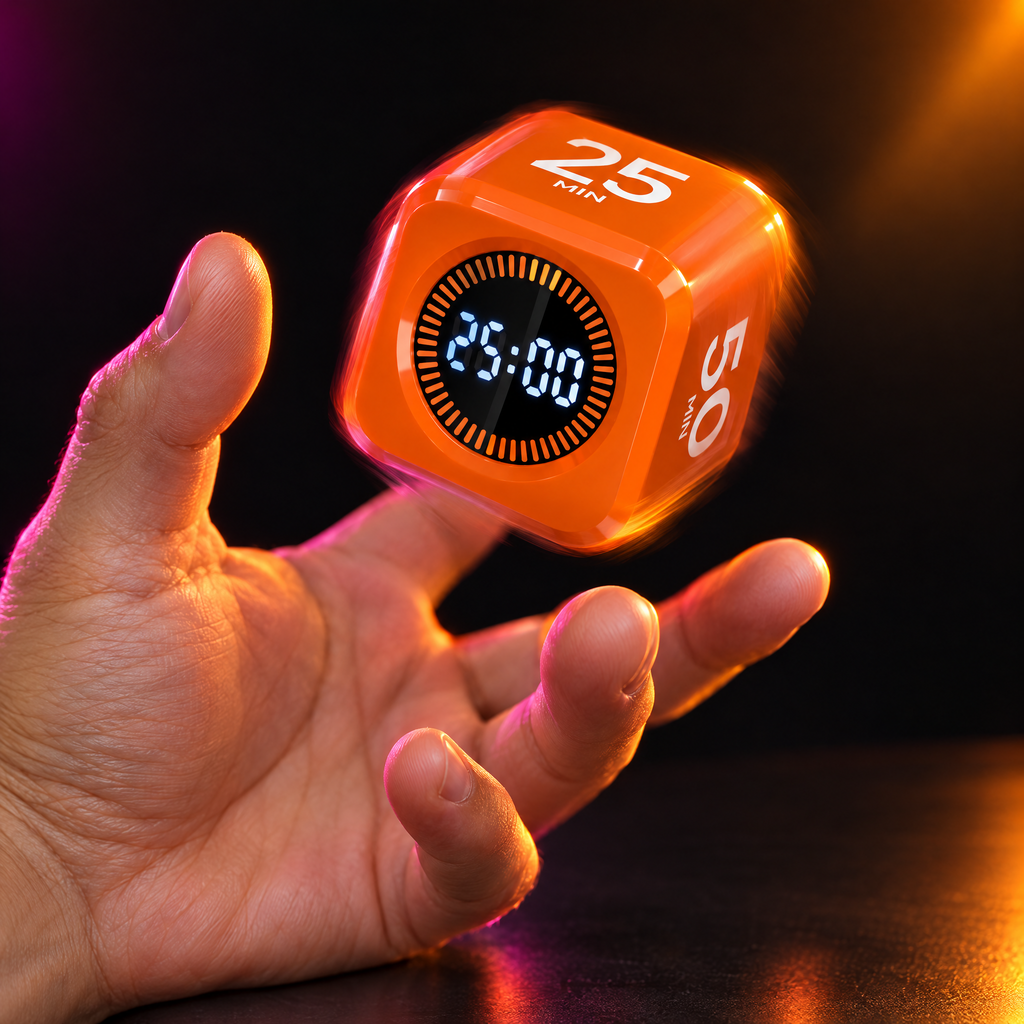 Hand flipping an orange Flip Focus Timer to start a 25-minute countdown