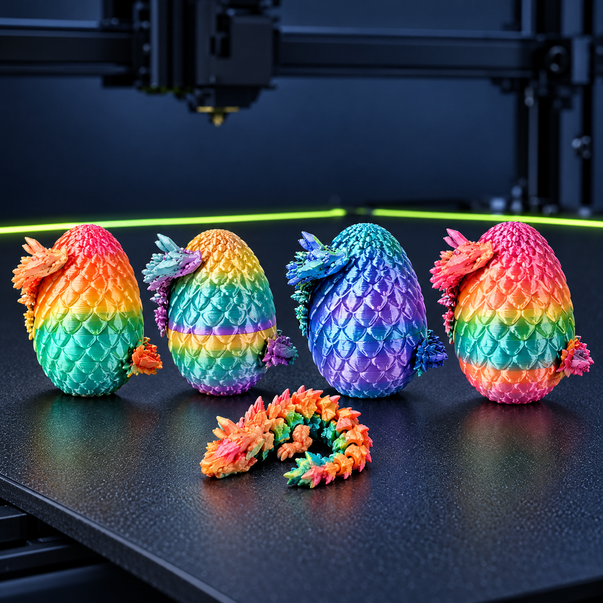 Rainbow 3D printed dragon eggs with a baby dragon on a printer bed