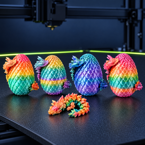 Rainbow 3D printed dragon eggs with a baby dragon on a printer bed