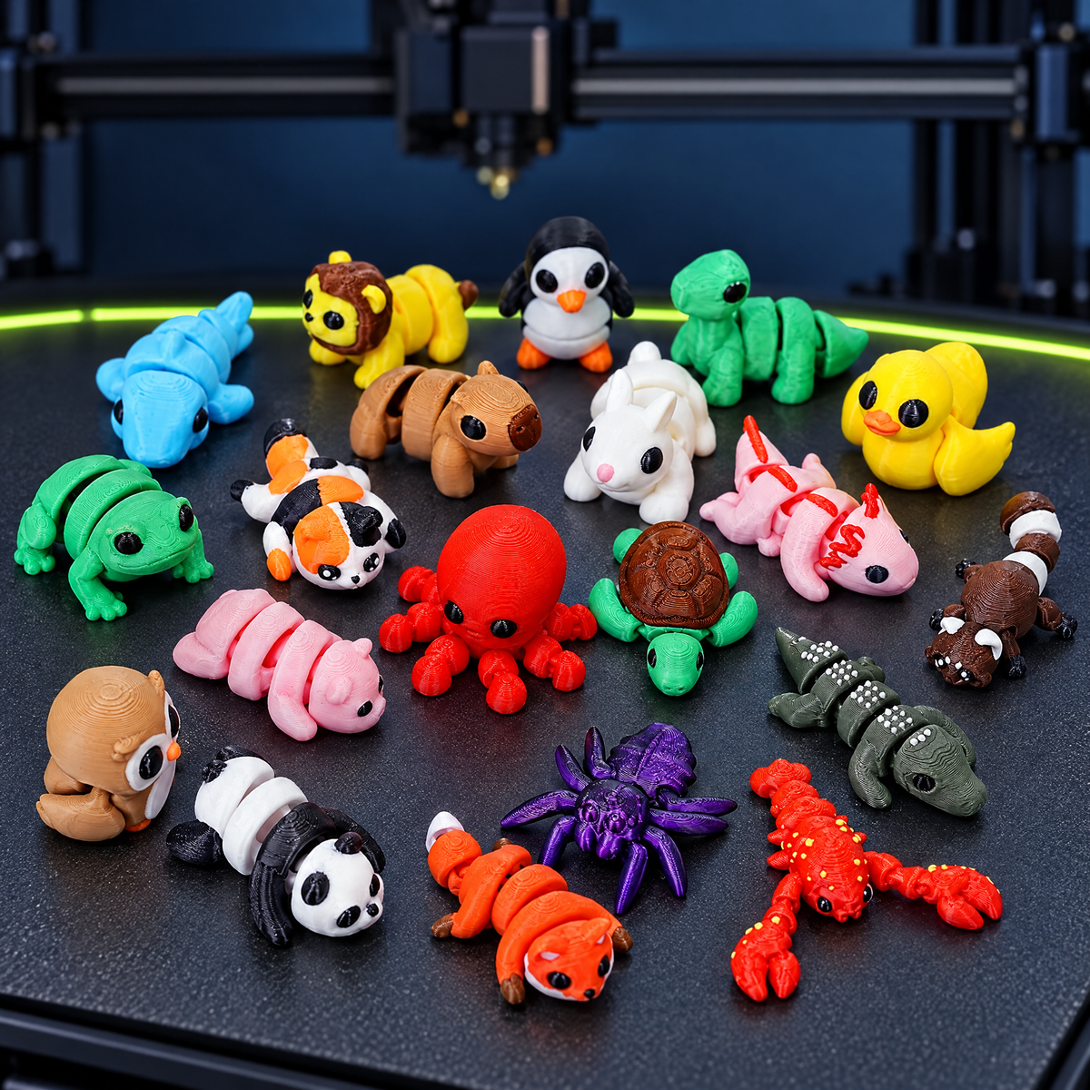 Twenty mini flexi animals on a 3D printer bed
