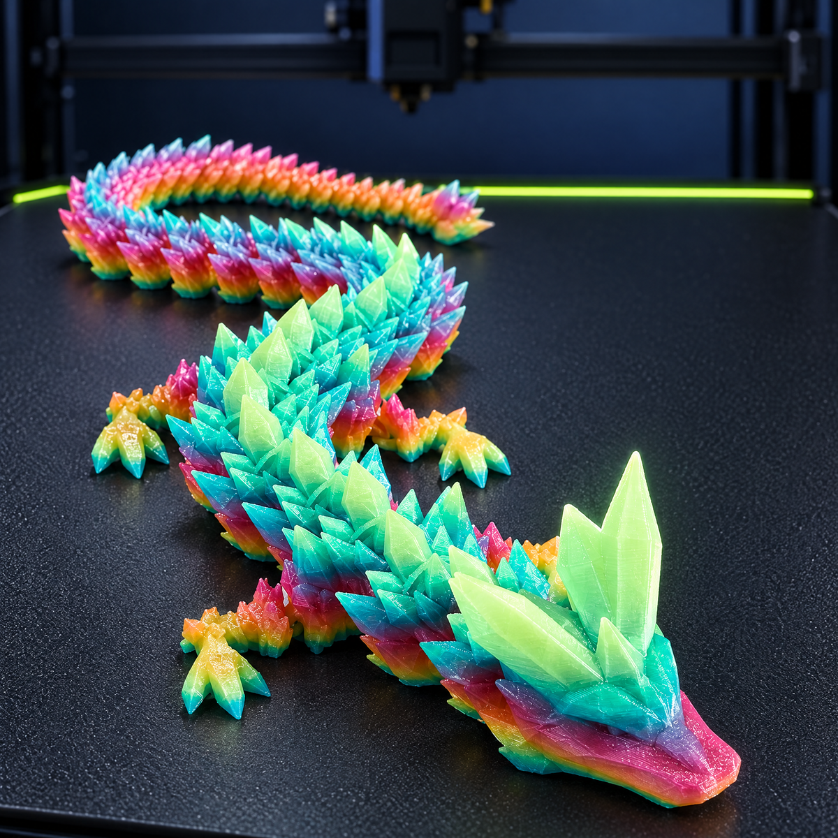 Giant rainbow crystal dragon coiled on a 3D printer bed