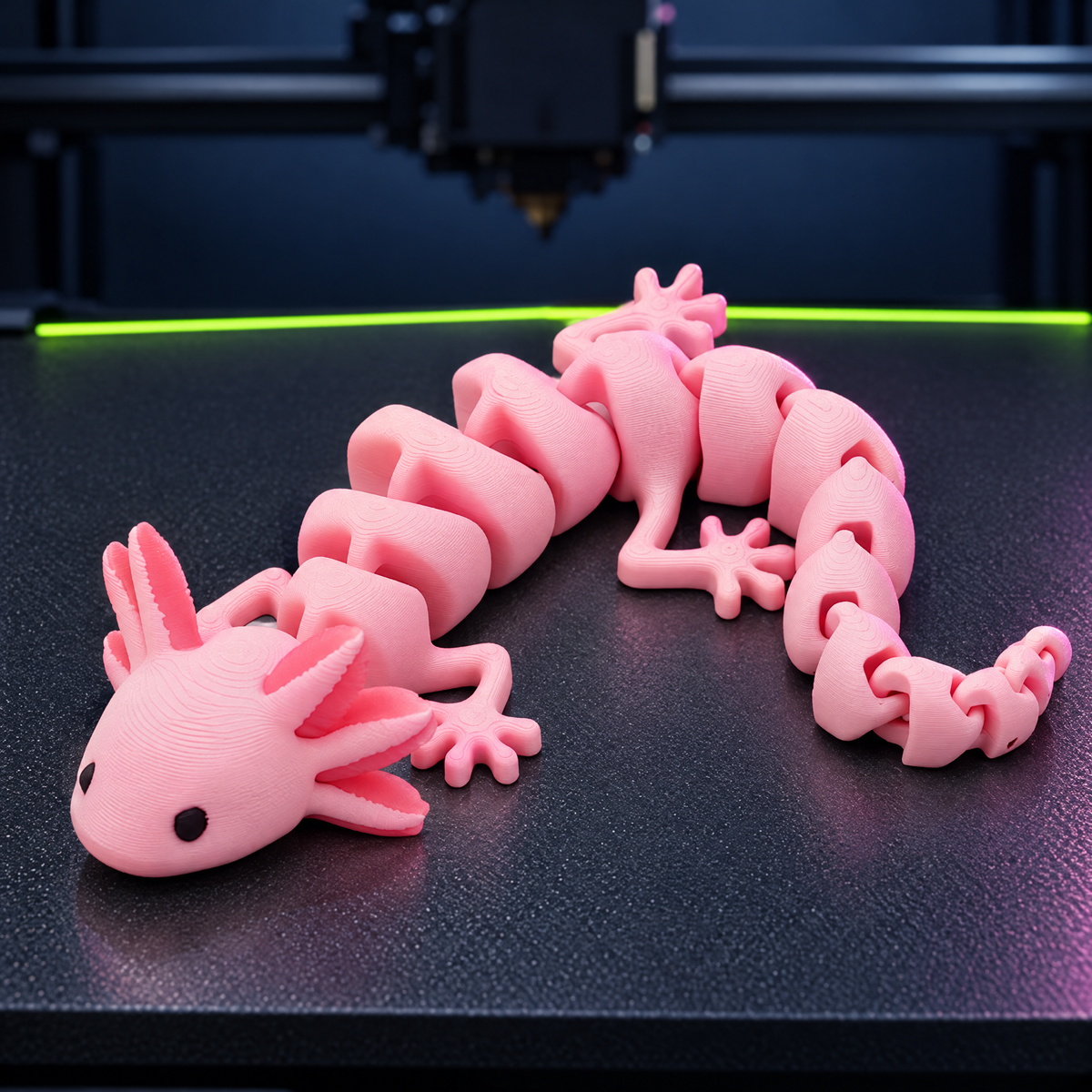 Pink flexi axolotl on a 3D printer bed