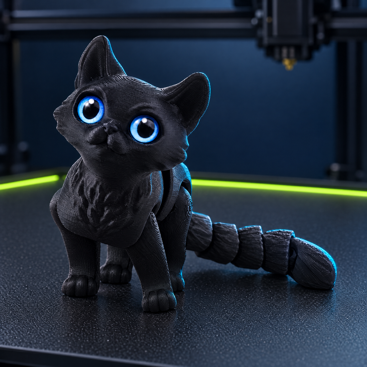 Black big-eye flexi cat on a 3D printer bed