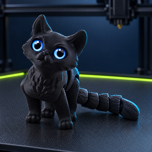 Black big-eye flexi cat on a 3D printer bed