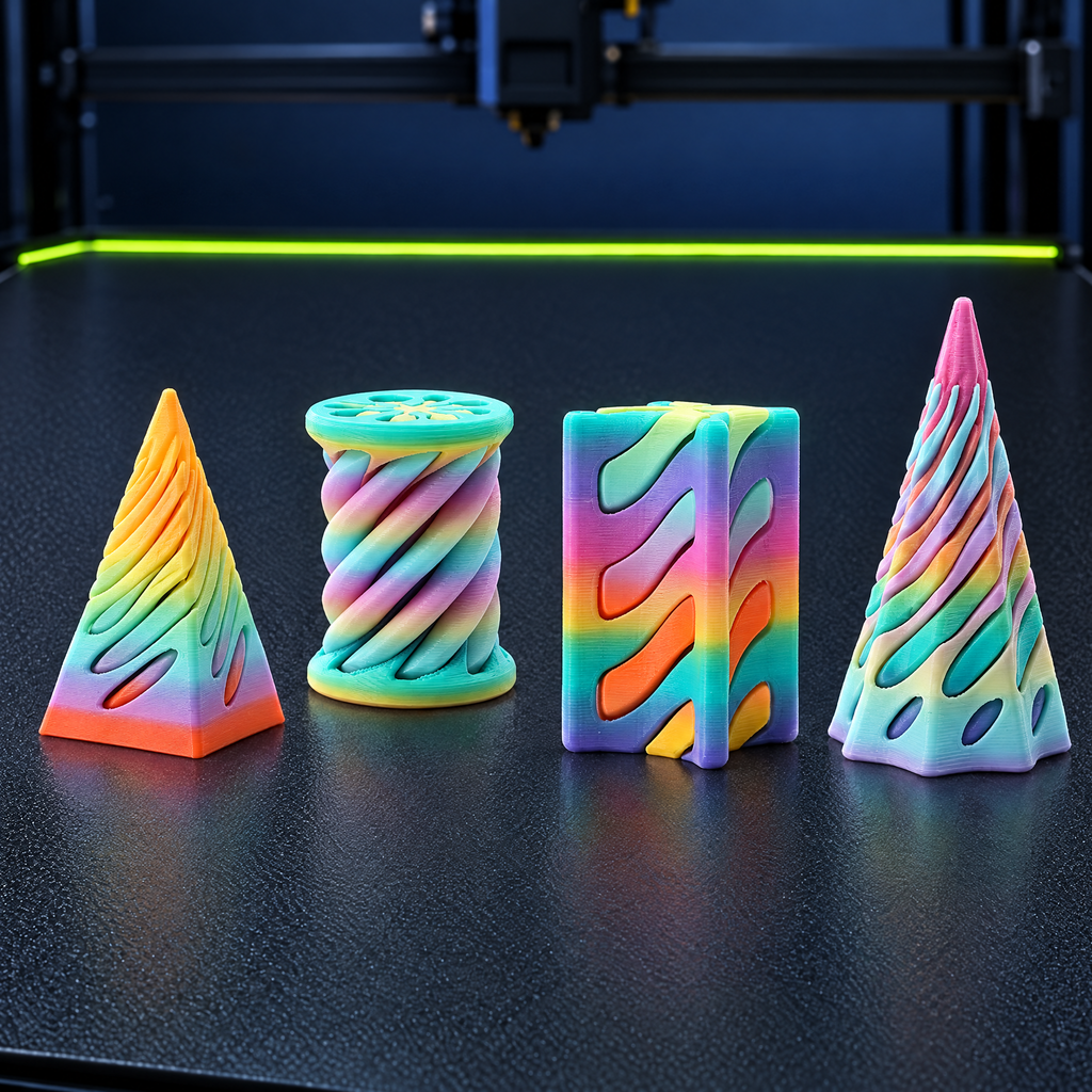 Four pastel rainbow impossible spiral cones on a 3D printer bed