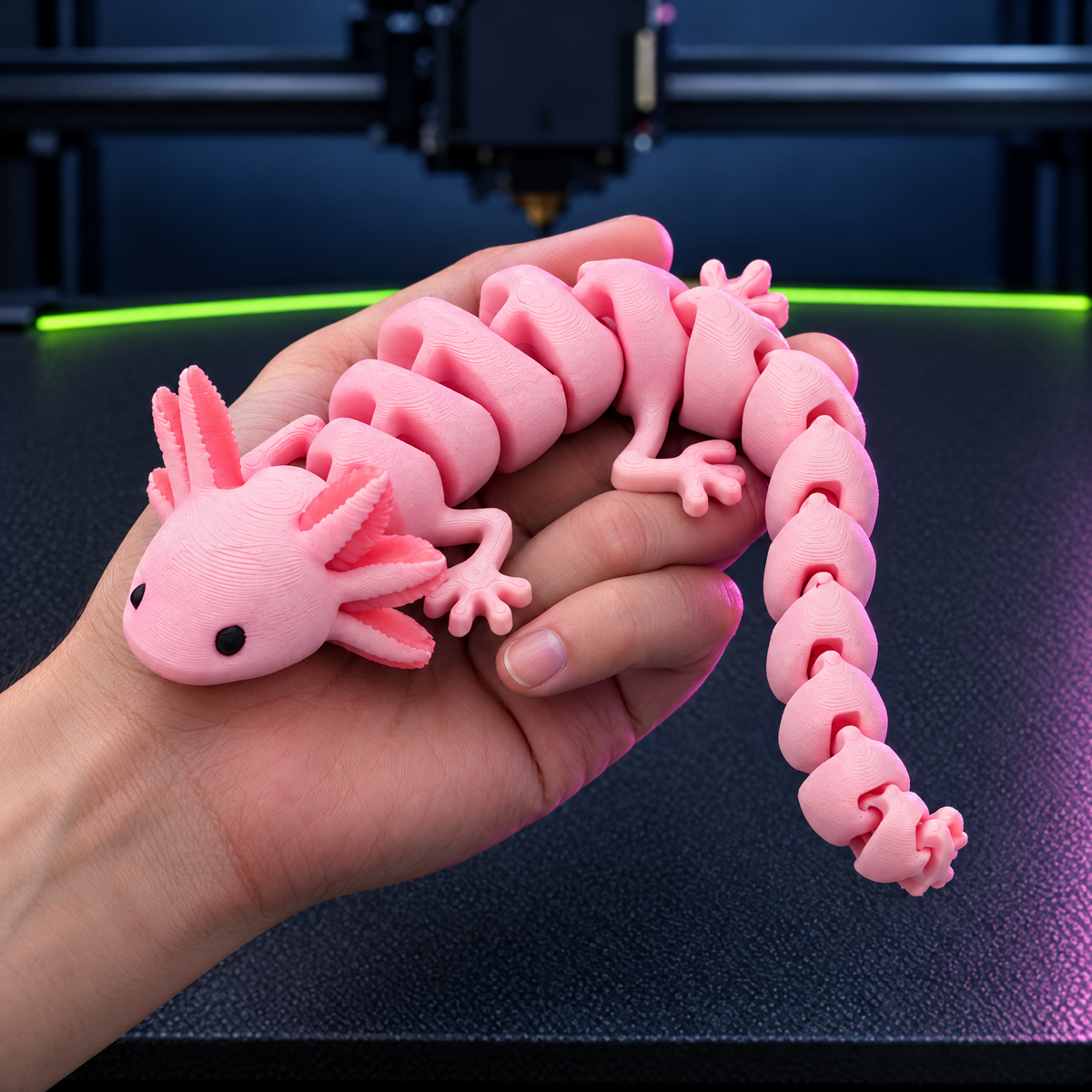 Pink flexi axolotl draped over a hand