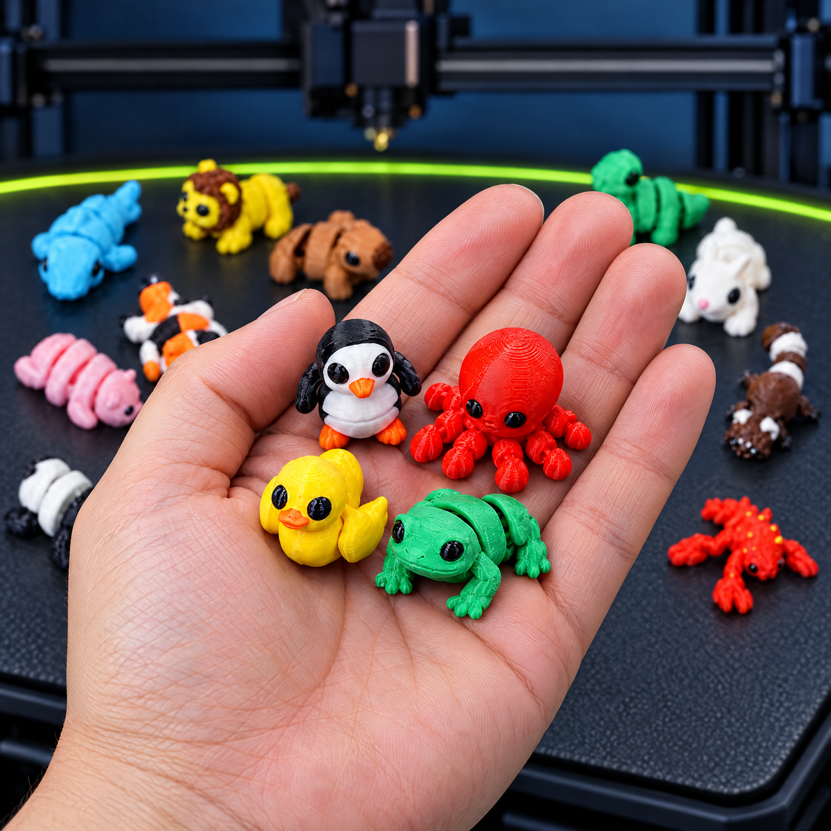 Mini flexi animals in a palm