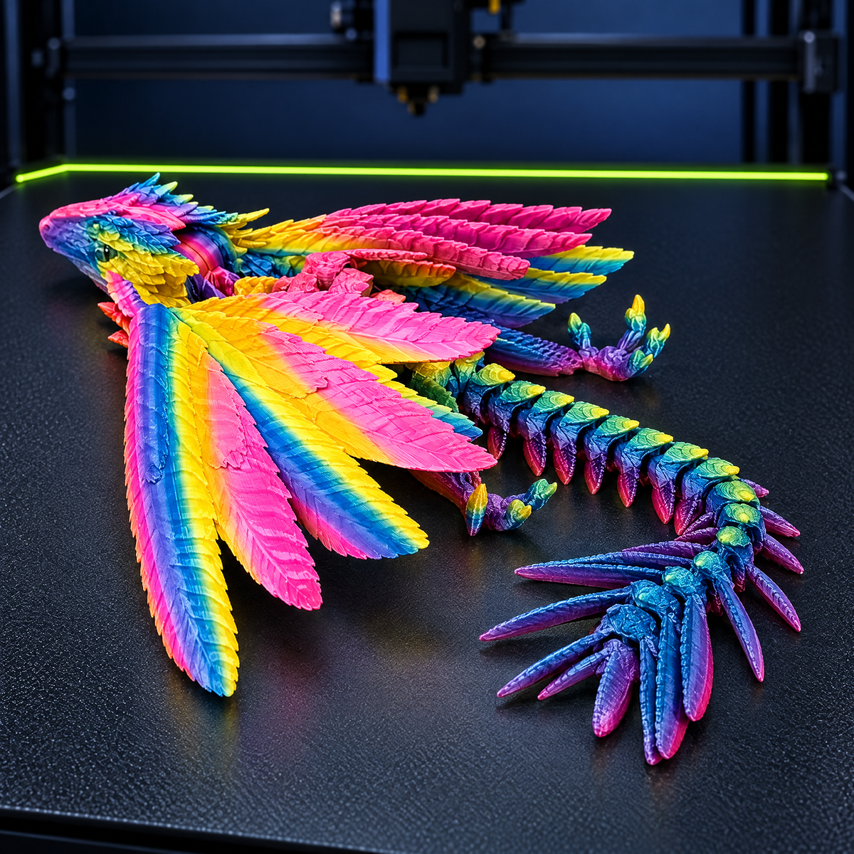 Rainbow feathered wyvern dragon with wings spread on a 3D printer bed