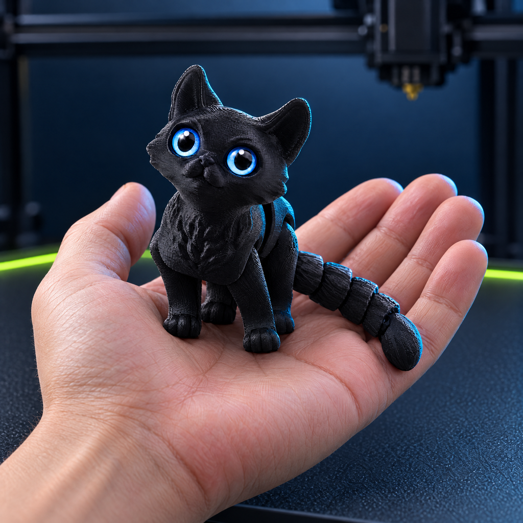 Black flexi cat sitting in a palm